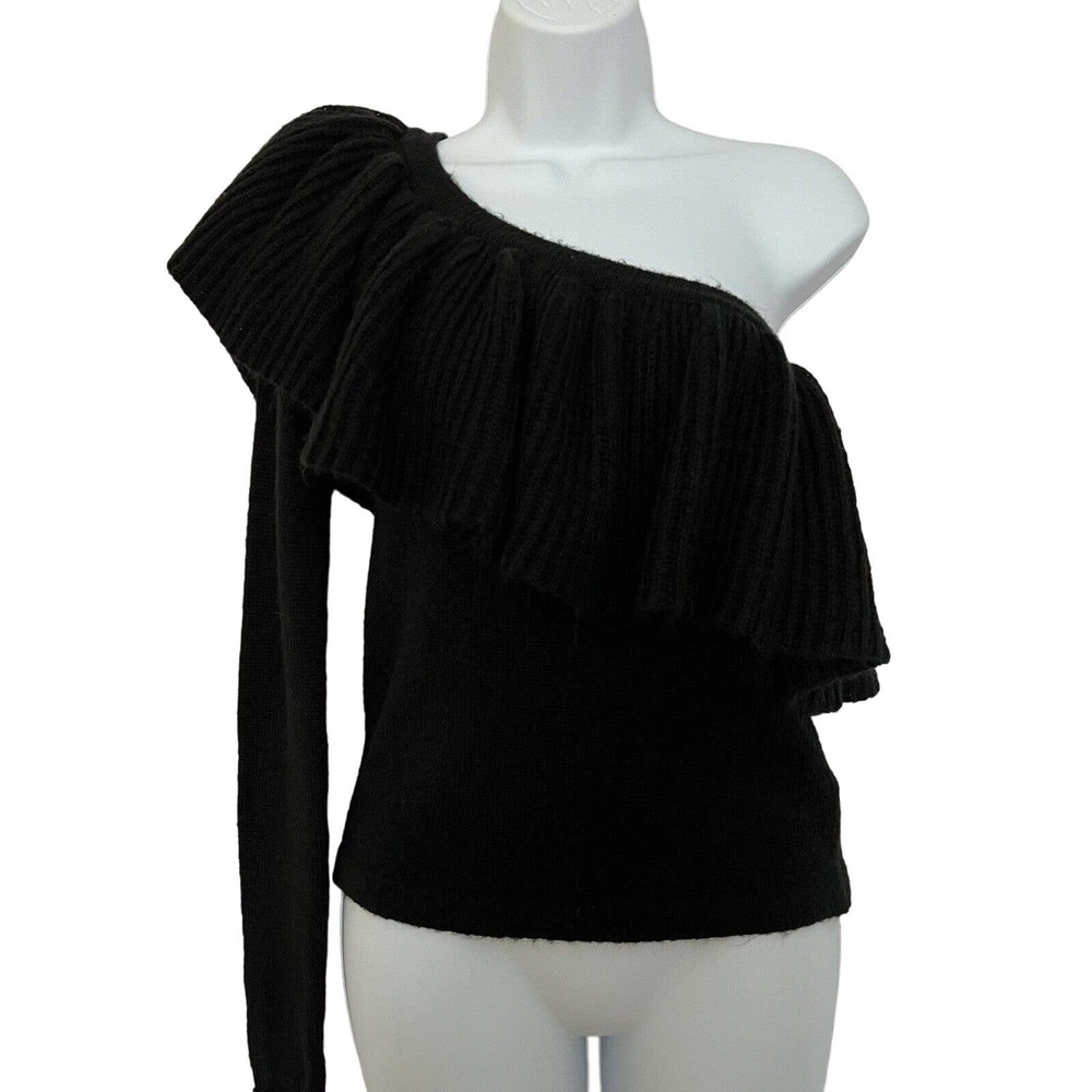 NWOT Forever 21 Women's Black Fuzzy Ruffled Off Shoulder Sweater - Size Medium